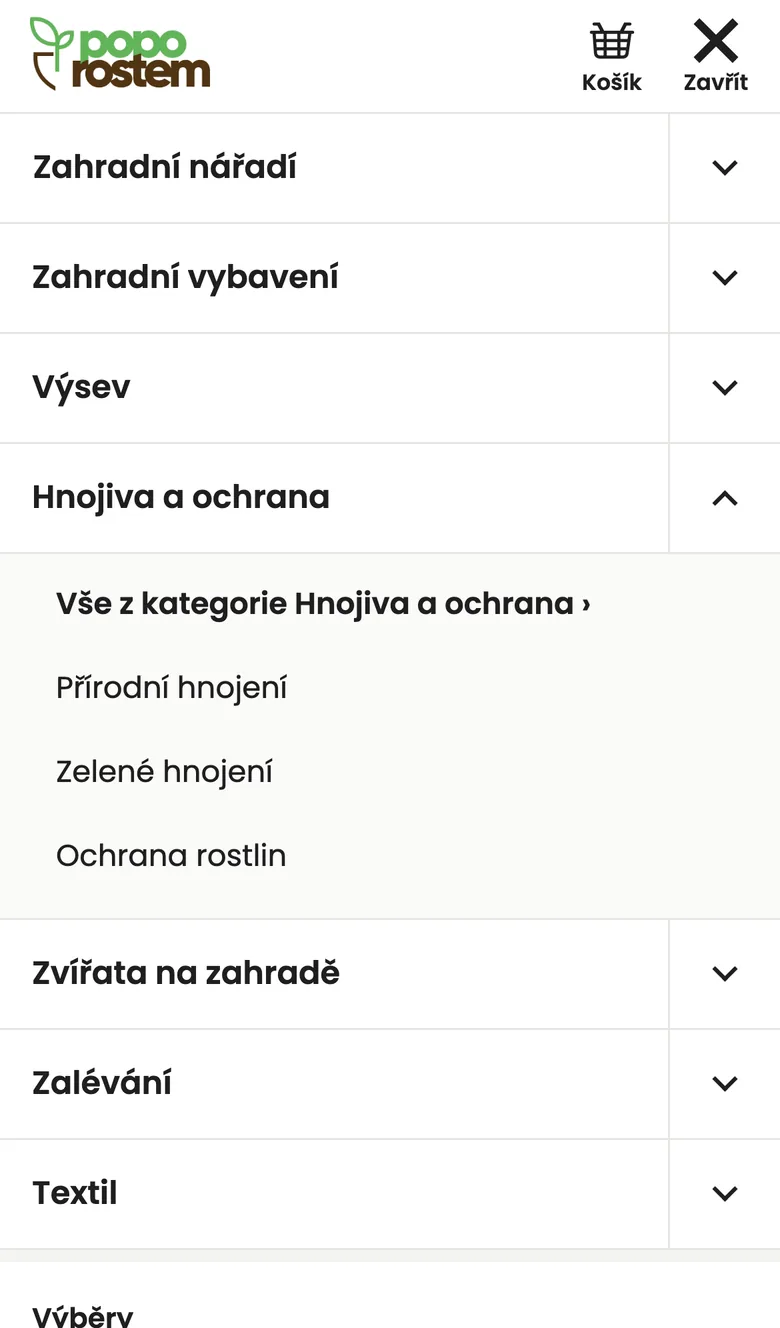 Mobilní menu, rozbalená Hnojiva a ochrana