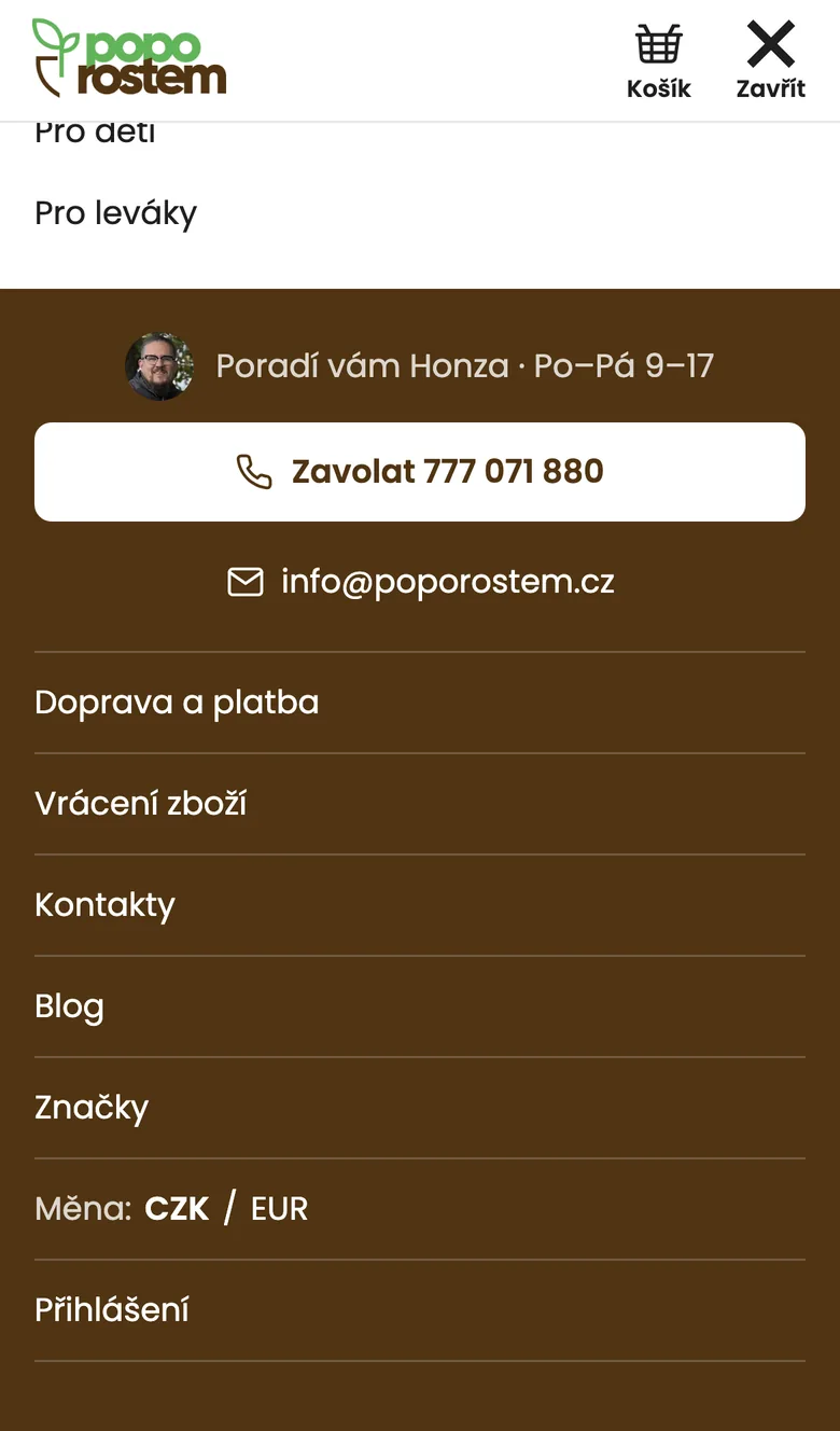 Mobilní menu, kontakt dole