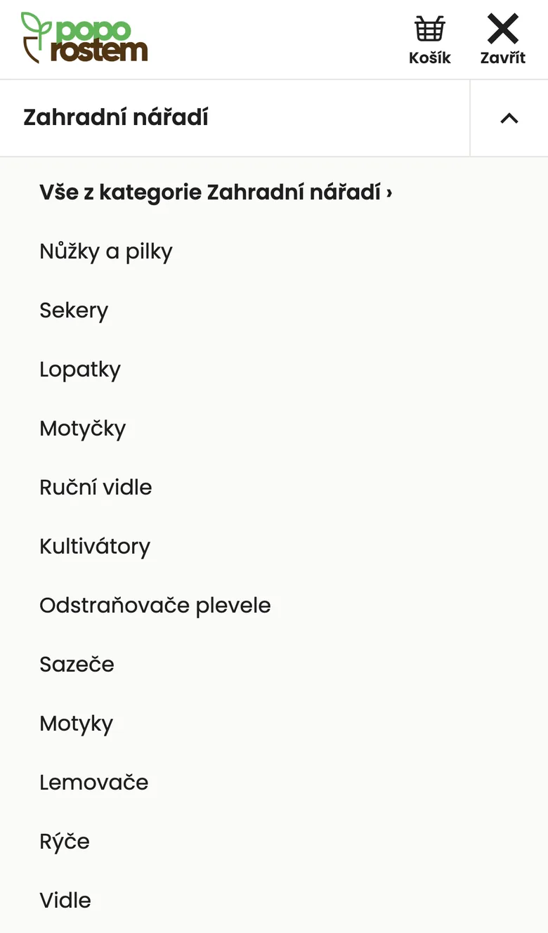 Mobilní menu, rozbalené Zahradní nářadí